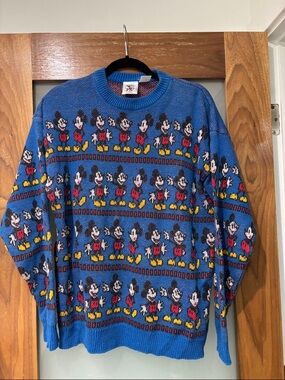 Disney Blue Mickey Mouse Crewneck Sweater with Red & Yellow Accents